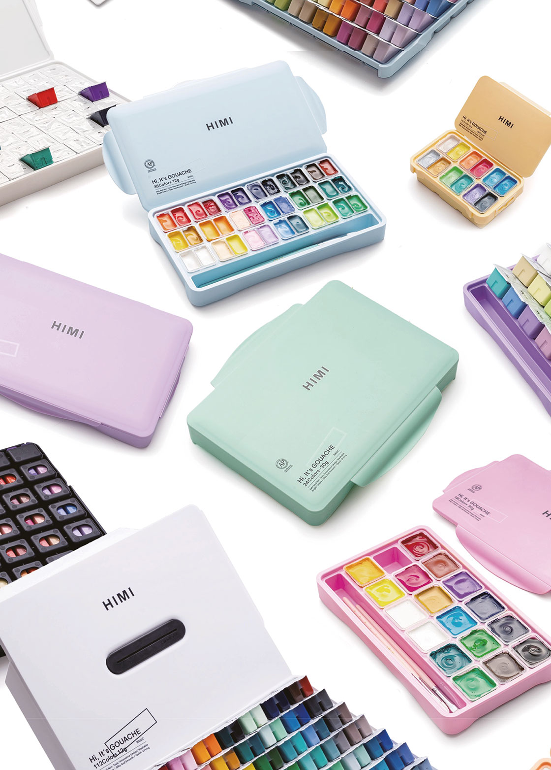 HIMI Jelly Gouache sett i pastellfargede etuier med gouache maling i kopper